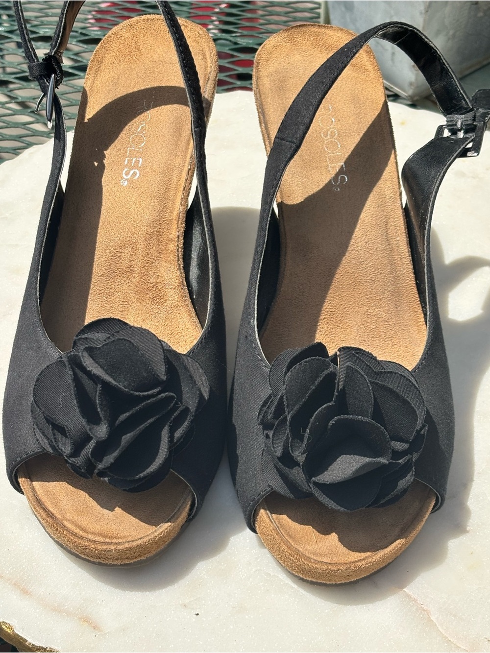 Seychelles Black Slingback Peep-Toe Wedges with Floral Accent